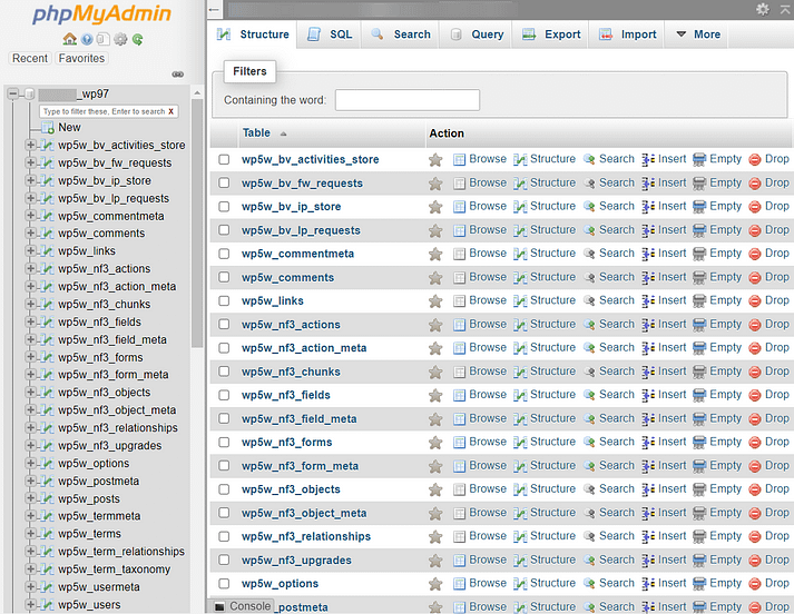 tables de base de données dans phpmyadmin