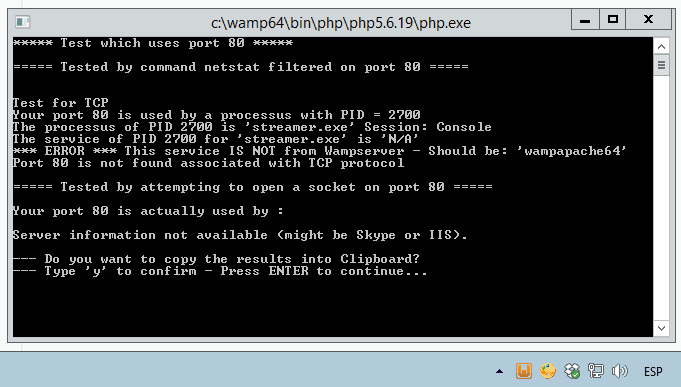 WampServer affiche une erreur de port Apache.