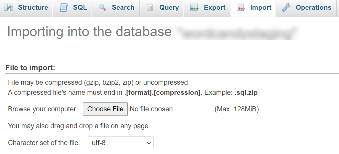 Importation d'un fichier de base de données via phpMyAdmin.
