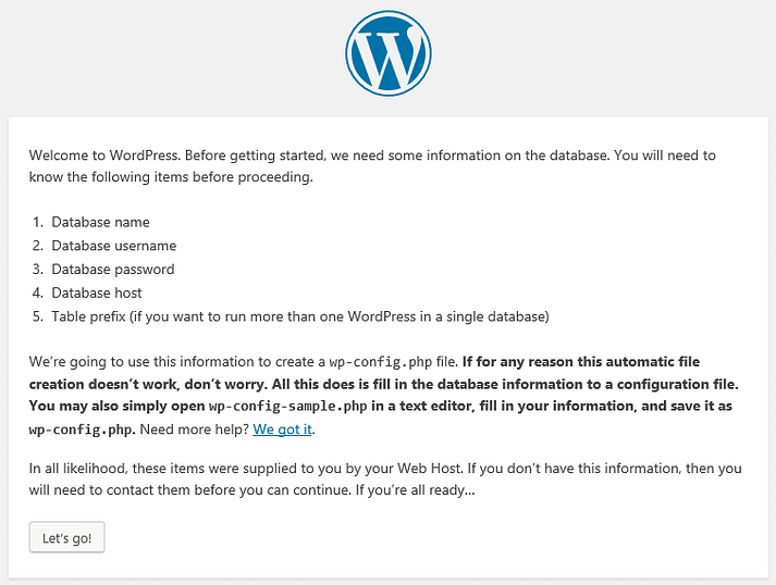 Instructions pendant le processus d’installation de WordPress.