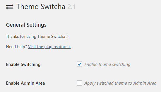 paramètres du plugin Theme Switcha