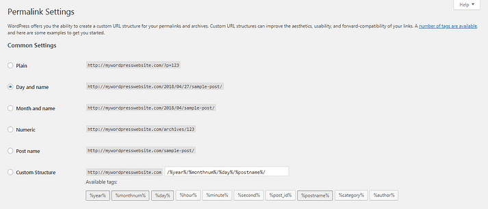 Paramètres de permalien dans le tableau de bord WordPress.