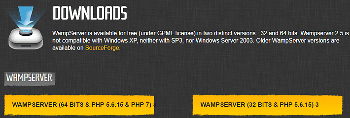 Options de téléchargement de WampServer.