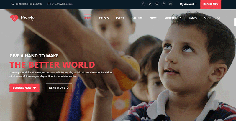 Hearty charity themes wordpress creer site organisation humanitaire ong mécène humanitaire