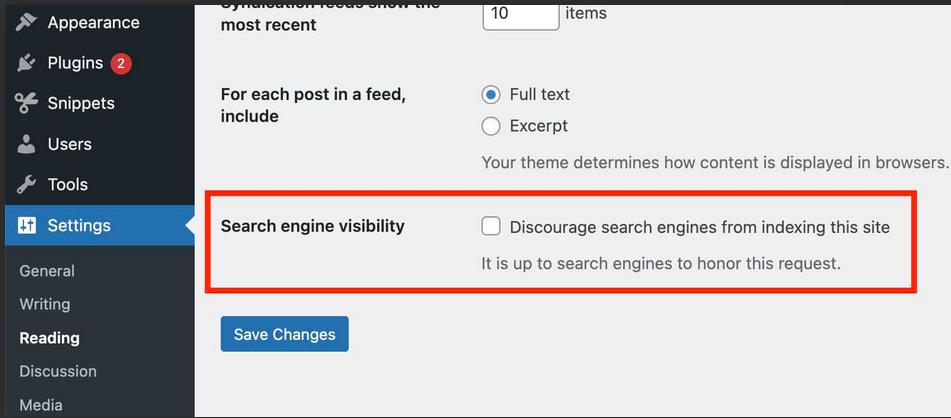 Paramètre de visibilité des moteurs de recherche dans WordPress 