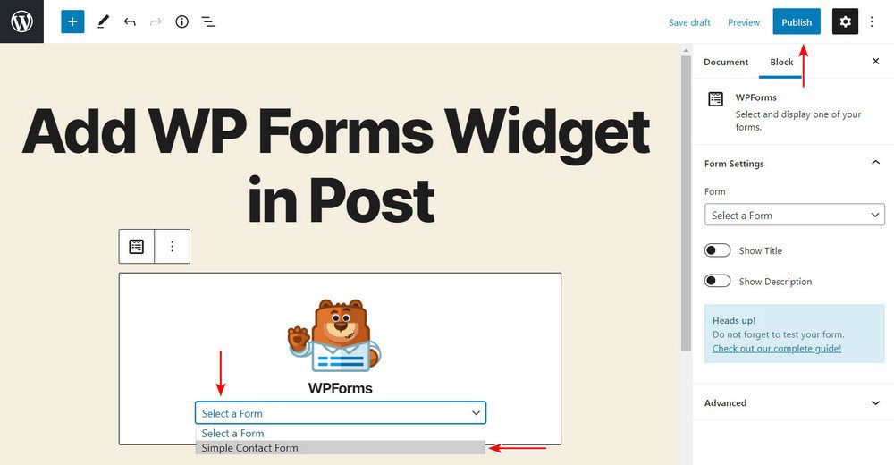 add wp forms widget in post