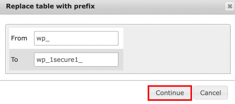 phpmyadmin replacetableprefix continue highlighted