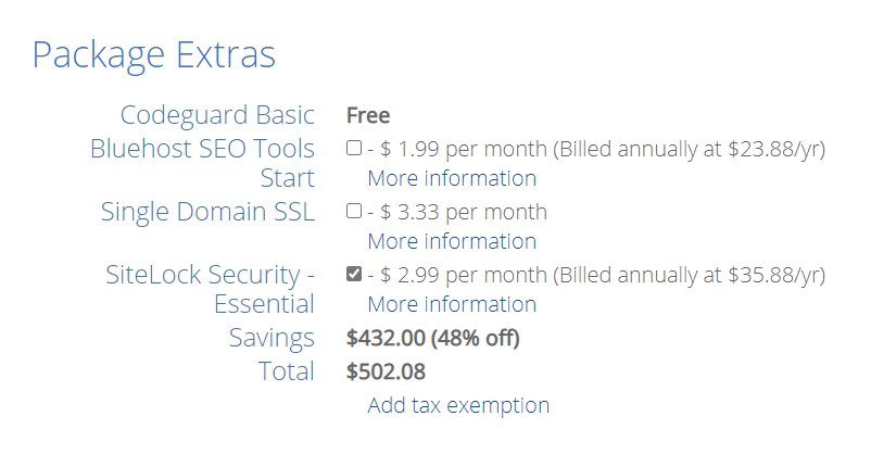 bluehost package extras