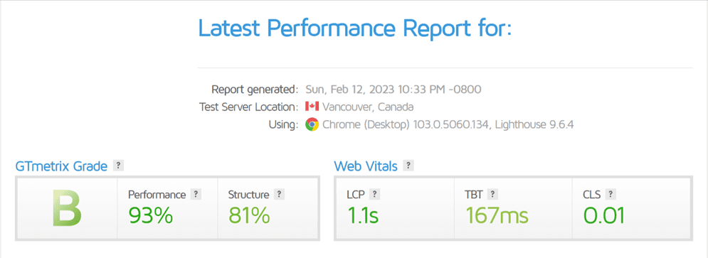 latest performance report for https wpastra com gtmetrix