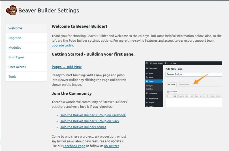 beaver builder welcome page
