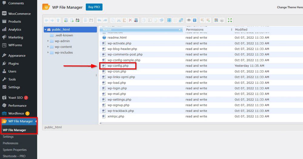 wp config php through file manager plugin