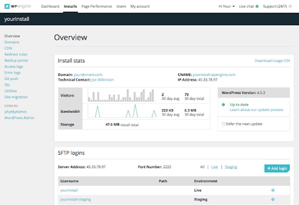 wp engine dashboard overview