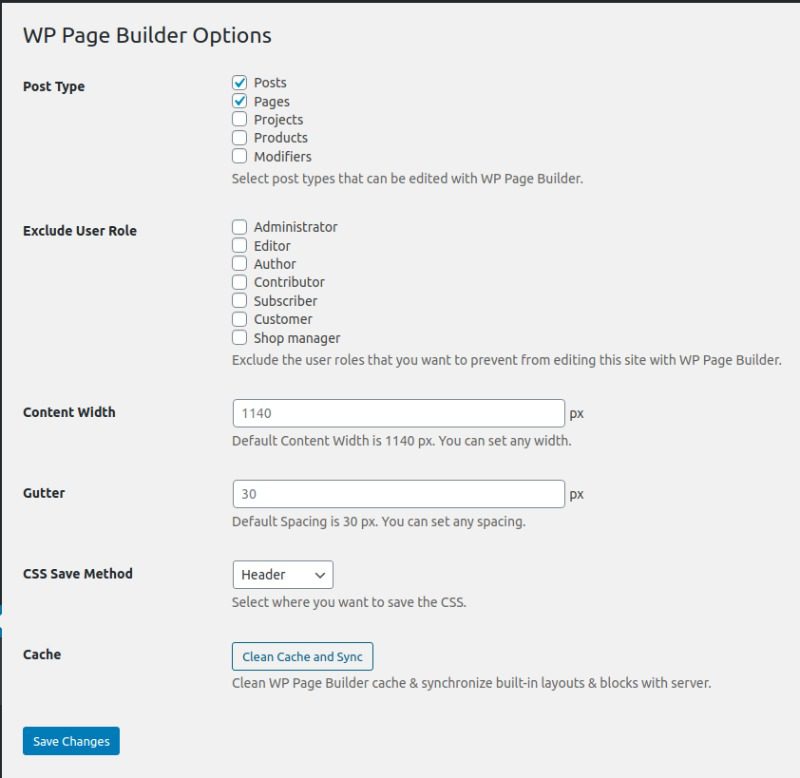 wp page builder settings
