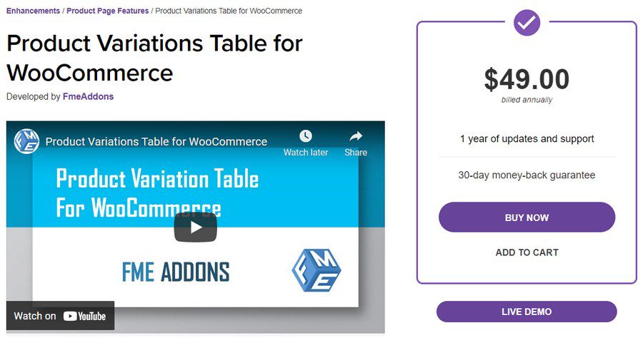 product variation table for woocommerce plugin