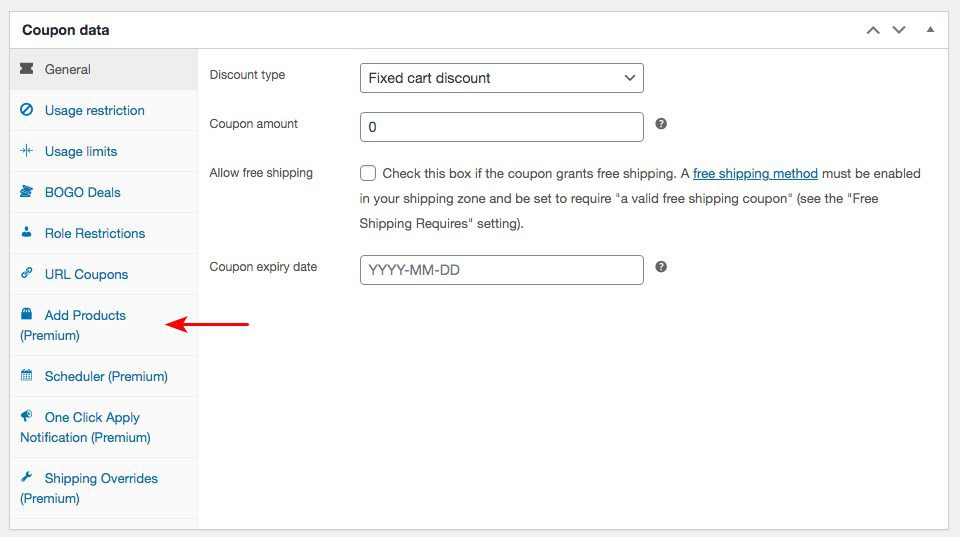 woocommerce coupon data add products setting