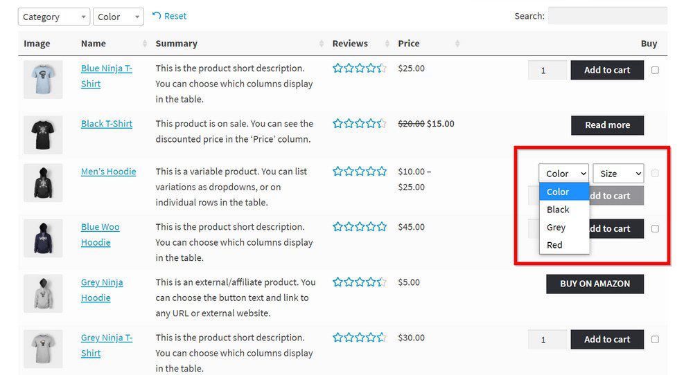 woocommerce product variation result