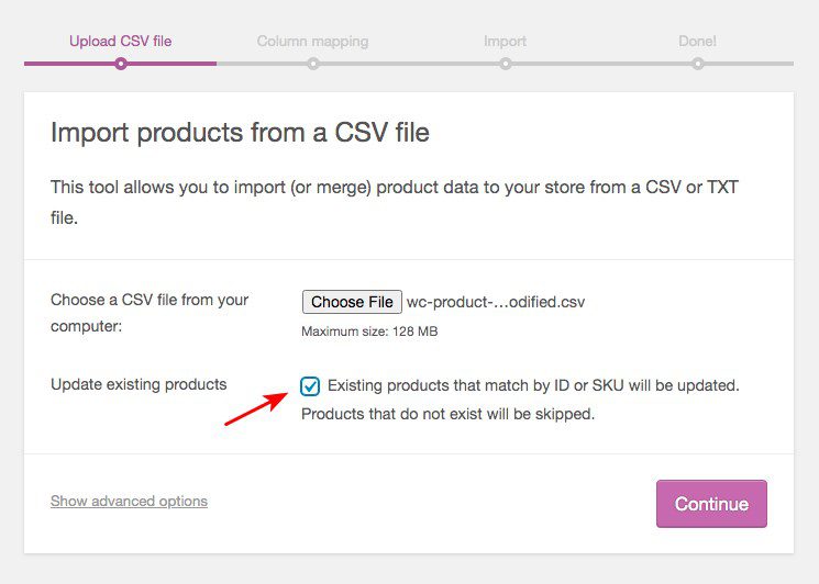 woocommerce update existing product using importing