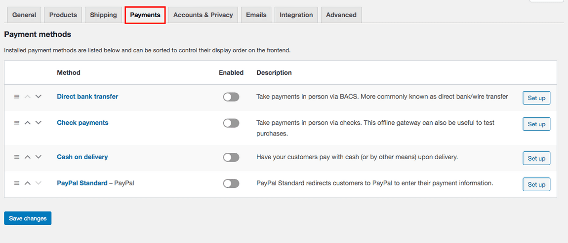 woocommerce payments setting