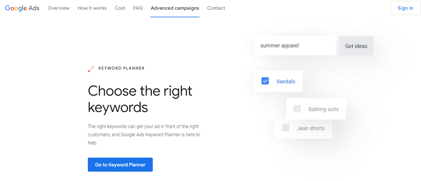 Capture d'écran du planificateur de mots clés Google
