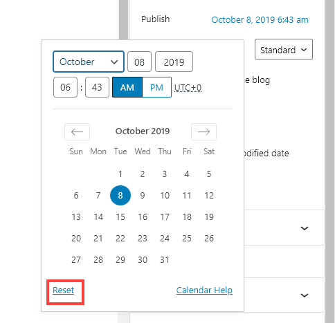 Capture d'écran montrant le calendrier où vous pouvez réinitialiser la date de publication de votre message