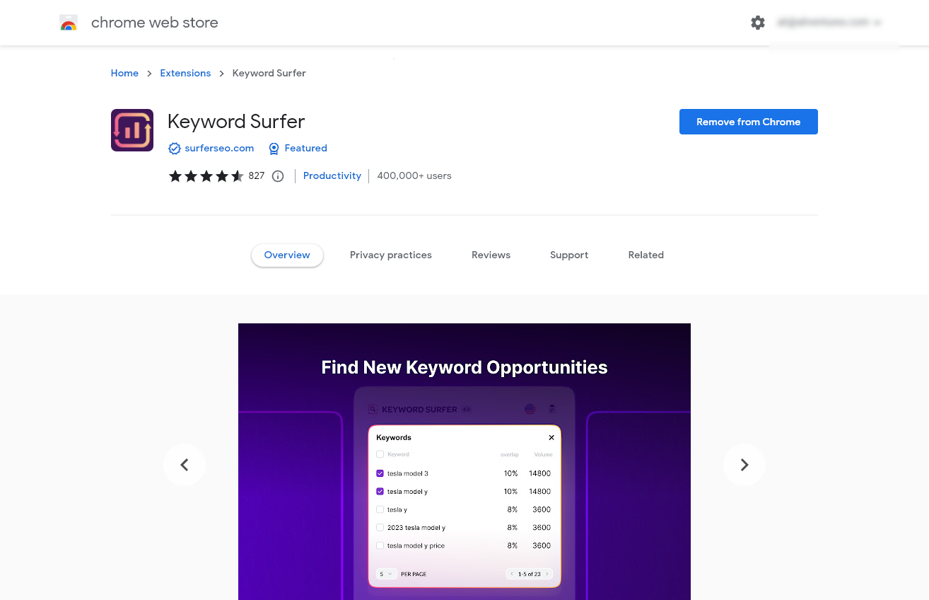 Extension Chrome pour la recherche SEO de Keyword Surfer