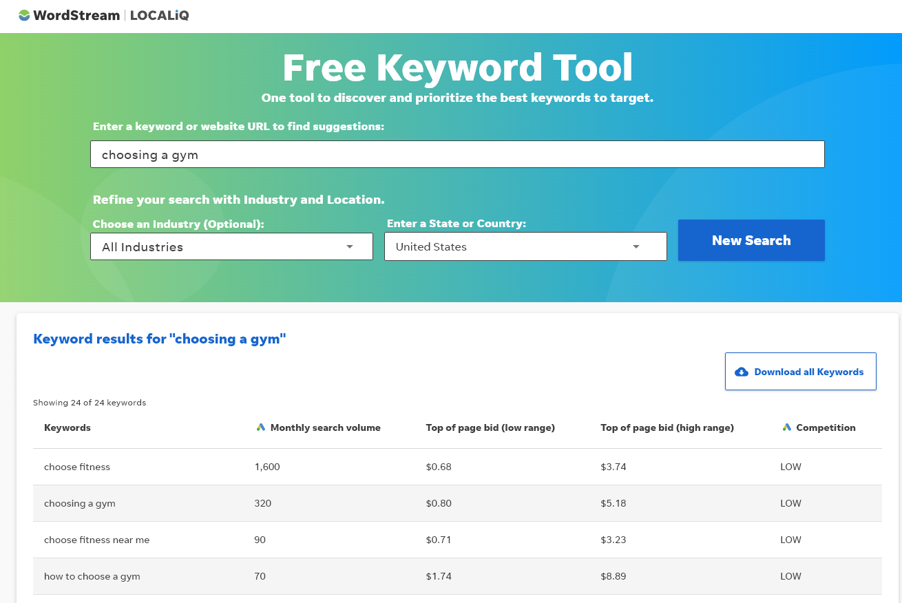 Exemple de capture d'écran de l'outil de mots clés et des résultats de Wordstream - meilleurs outils de recherche de mots clés gratuits
