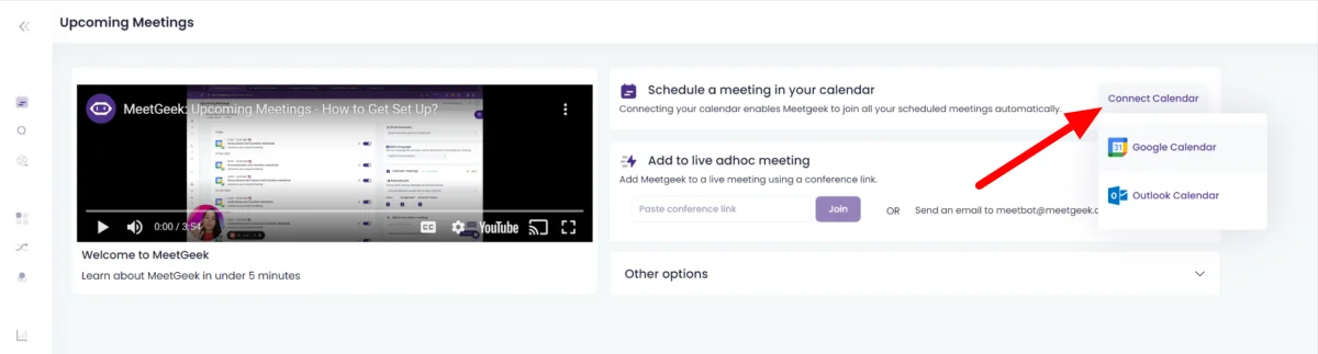 Sélection du bouton Connecter le calendrier pour planifier une réunion à l'aide de MeetGeek.