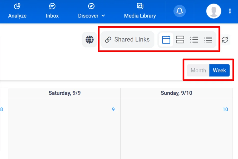 Mise en évidence des différentes options d'affichage et de l'option "Partager le lien" dans le calendrier de contenu à l'aide de ContentStudio.