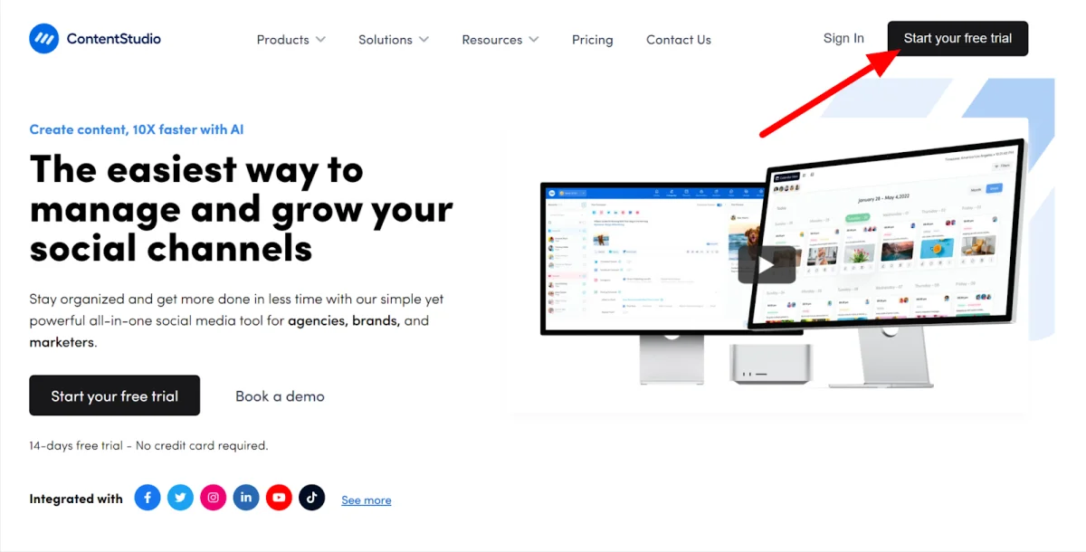 Page d'accueil de ContentStudio avec une flèche rouge pointant vers le bouton "Démarrer votre essai gratuit".