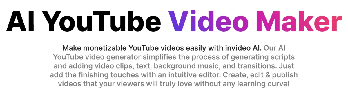 Page de destination d'InVideo AI YouTube Video Maker.