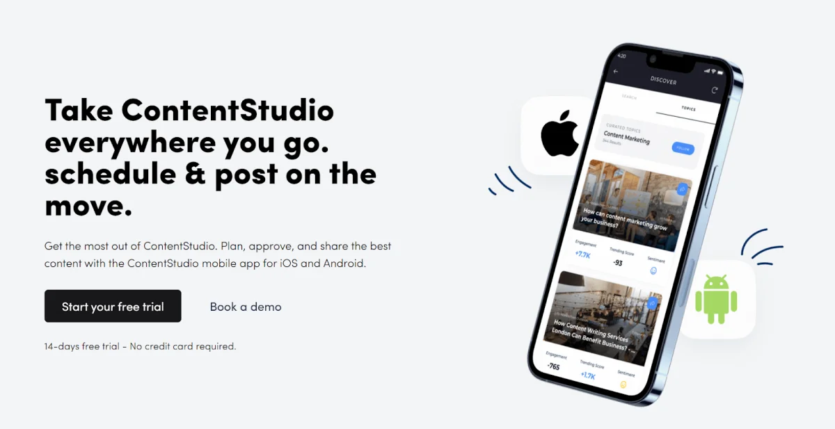 La page de destination ContentStudio pour leurs applications iOS et Android.