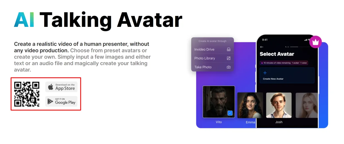 Page d'accueil de l'IA Talking Avatar d'InVideo.