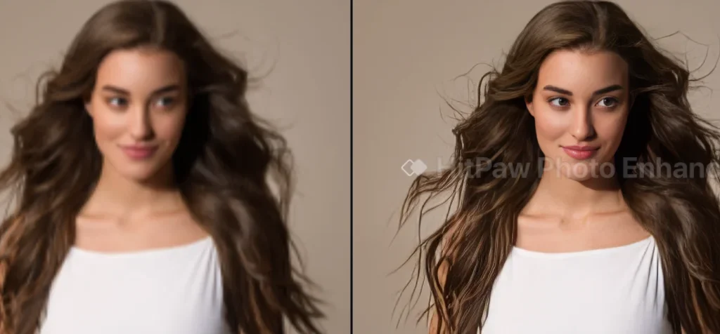 Un exemple d'image d'une femme aux cheveux bruns améliorée à l'aide du modèle HitPaw Photo Enhancer Soft AI Face.