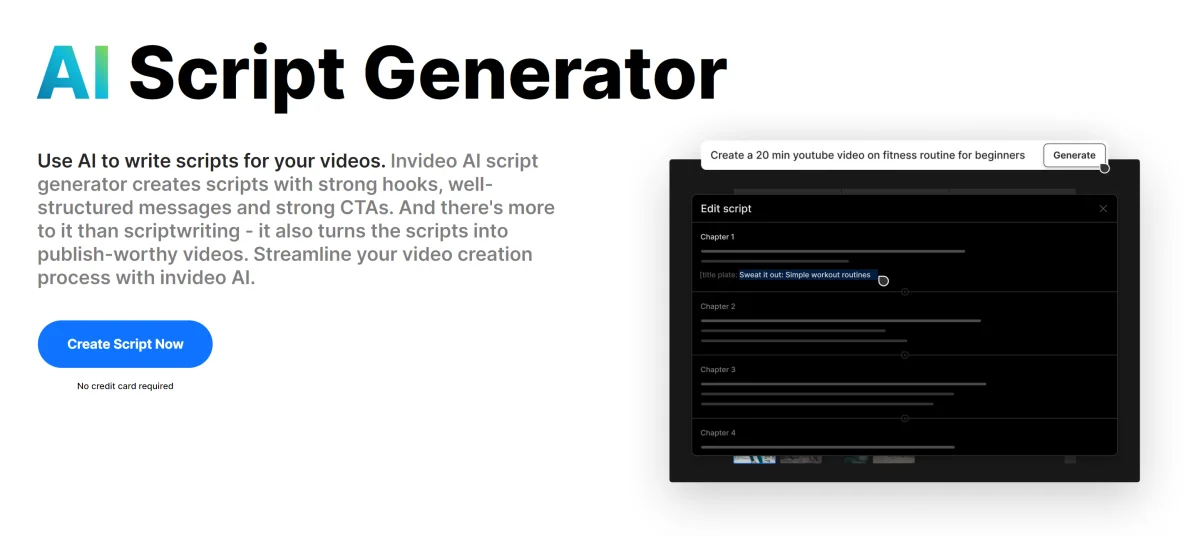 Page d'accueil du générateur de scripts AI d'InVideo.
