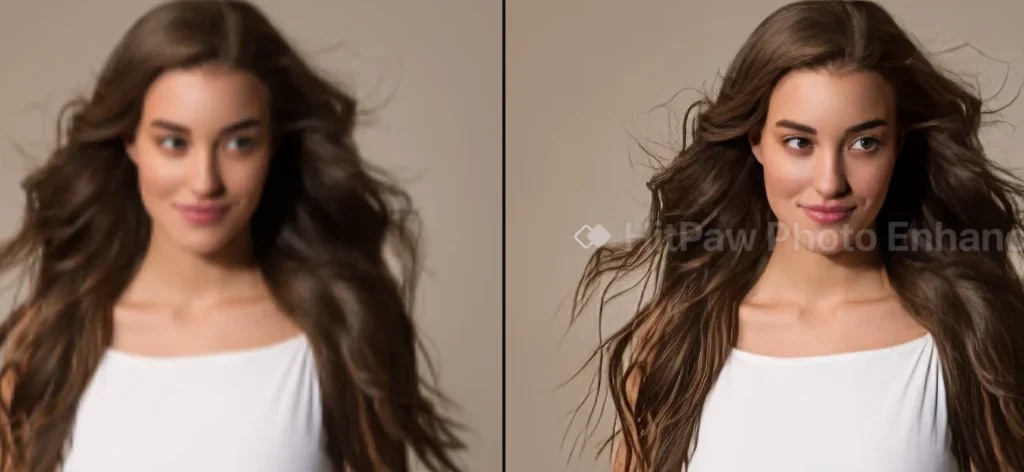 Un exemple d'image d'une femme aux cheveux bruns améliorée à l'aide du modèle AI Face HitPaw Photo Enhancer Soft (V2).