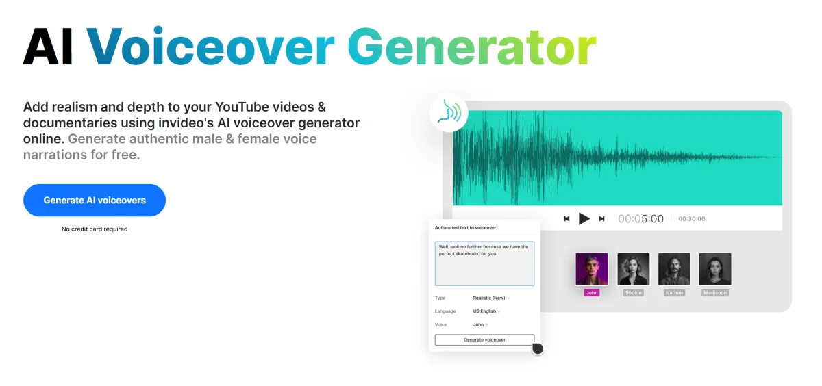 Page d'accueil du générateur de voix off AI d'InVideo.
