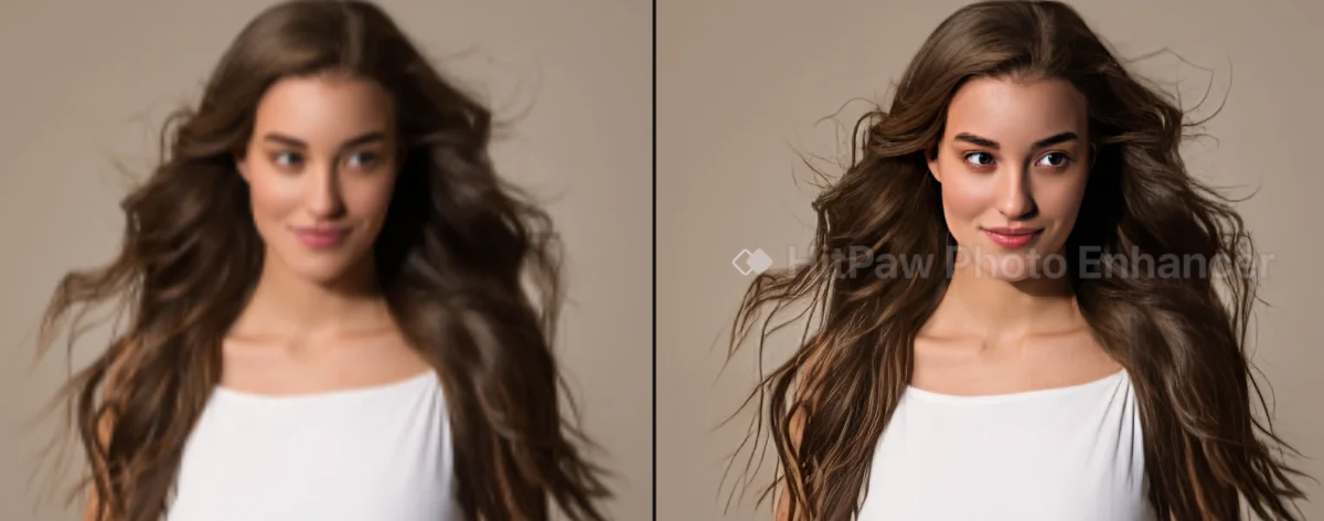 Un exemple d'image d'une femme aux cheveux bruns améliorée à l'aide du modèle HitPaw Photo Enhancer Sharp AI Face.