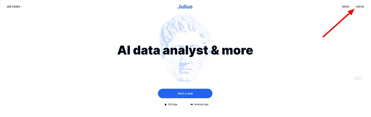 En sélectionnant Connexion sur la page d'accueil de Julius AI.