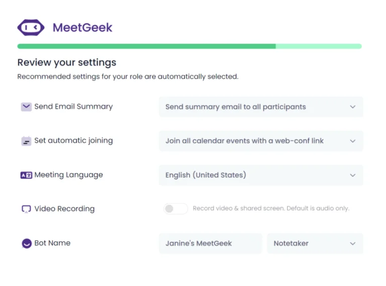 Révision de mes paramètres sur MeetGeek.