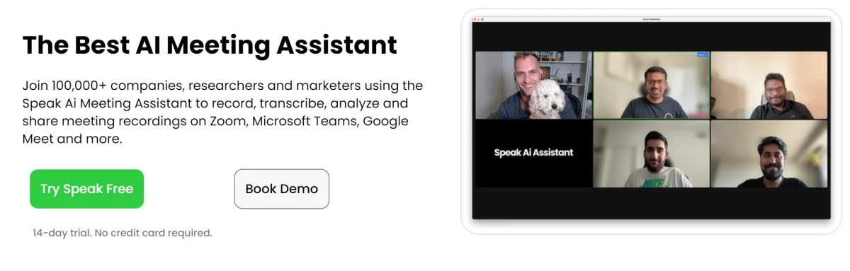 Page de destination de Speak AI Meeting Assistant.