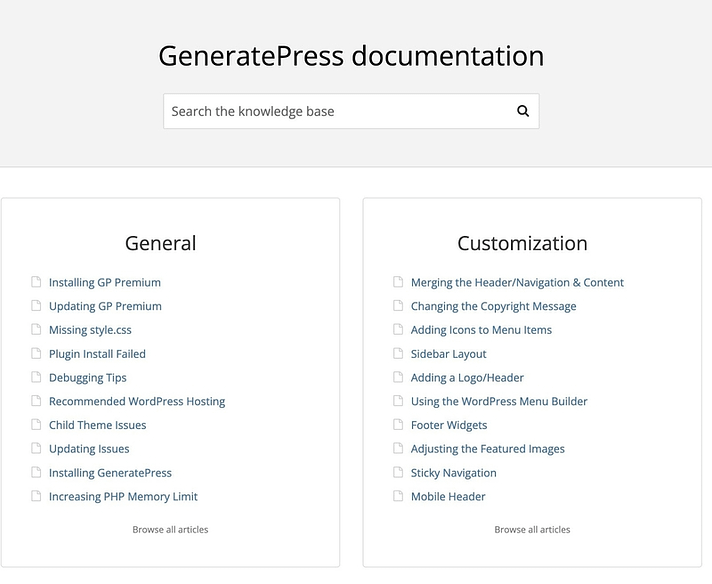  GeneratePress de la documentation.