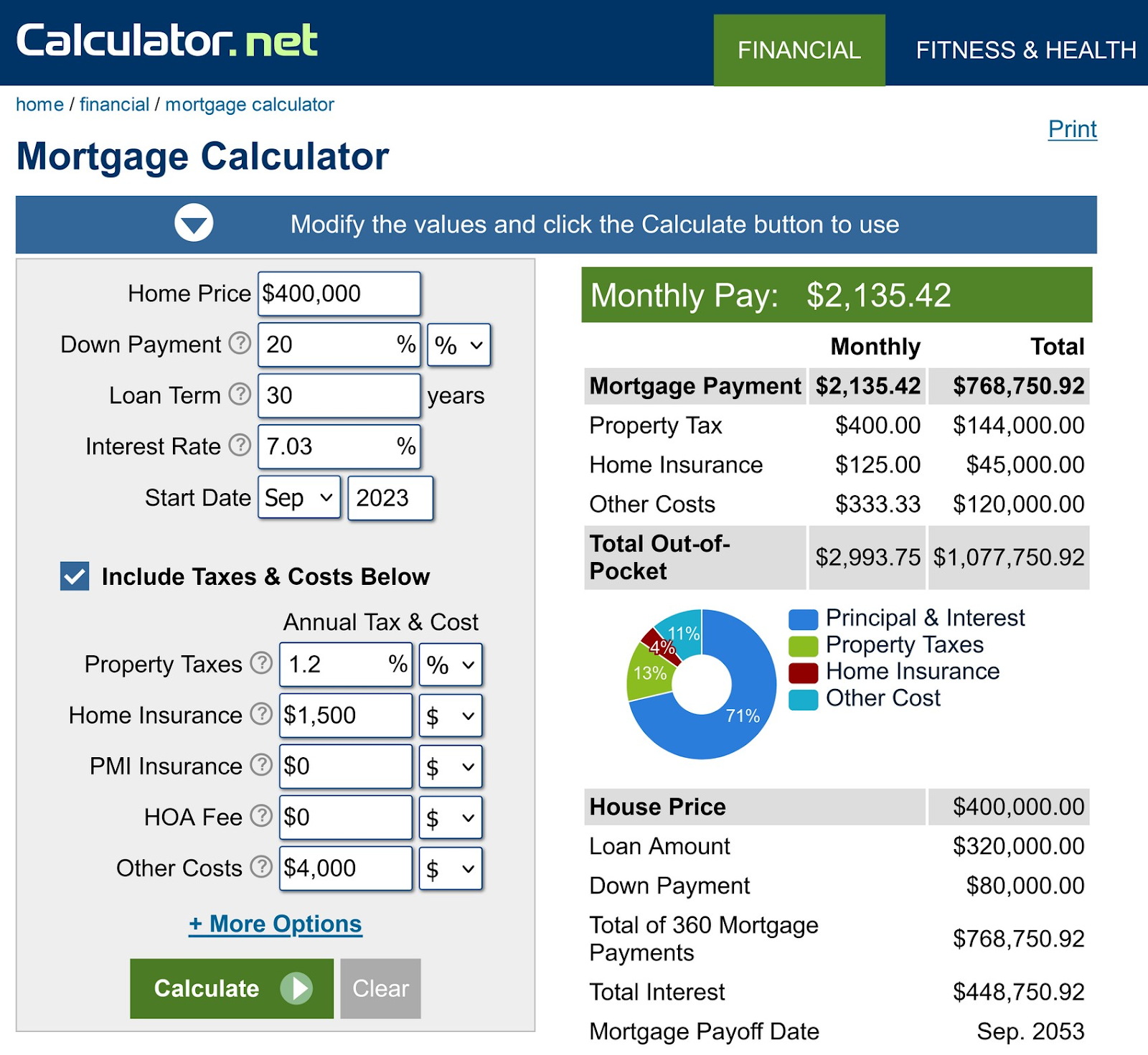 Calculateur hypothécaire de Calculator.net