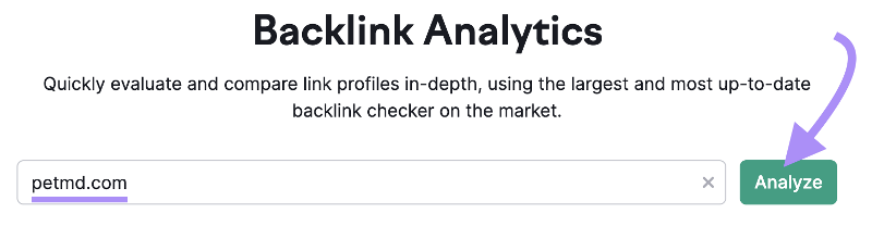 "petmd.com" saisi dans la barre de recherche Backlink Analytics