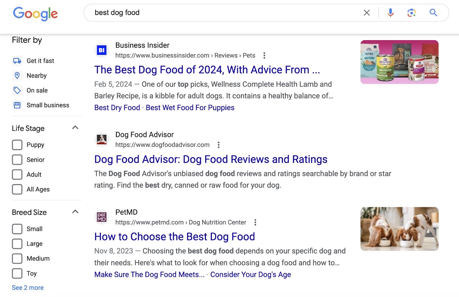 Section supérieure du SERP de Google pour la requête « meilleure nourriture pour chien »