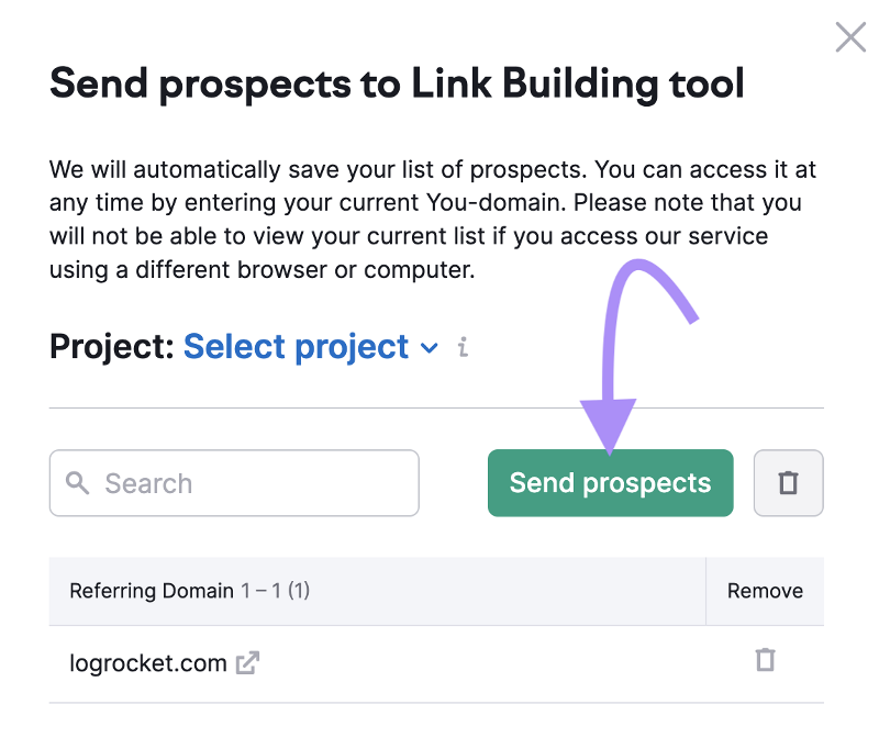 Fenêtre pop-up « Envoyer le prospect vers l'outil de création de liens »
