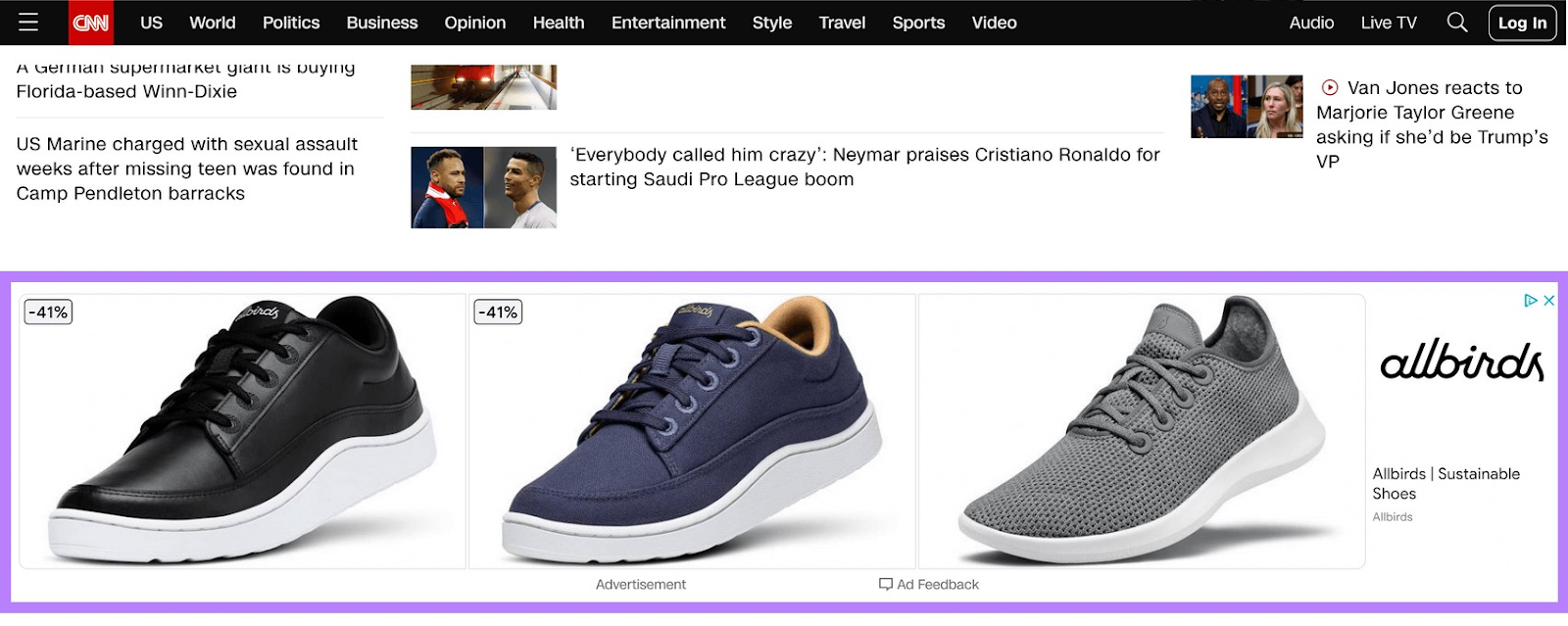 un exemple d'annonce display pour chaussures sur la page CNN