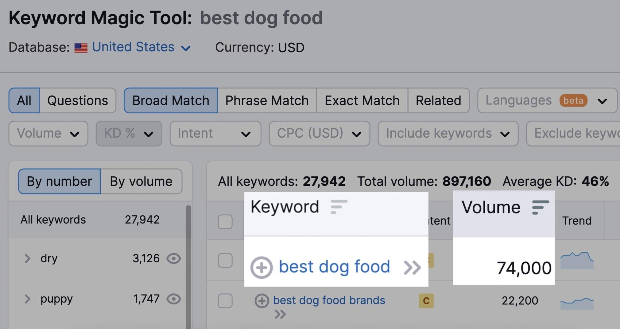 meilleur volume de mots clés pour la nourriture pour chiens