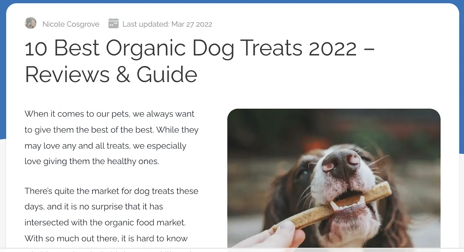 Une page de blog avec le titre « 10 meilleures friandises biologiques pour chiens 2022 – Avis et guide »