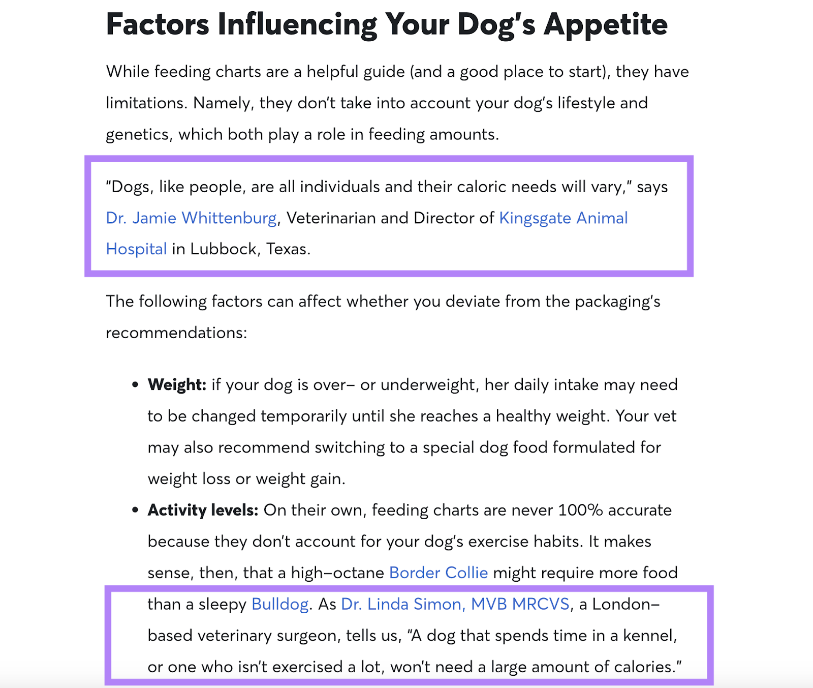 Exemples d'utilisation de sources fiables dans le guide d'alimentation pour chiens de Rover