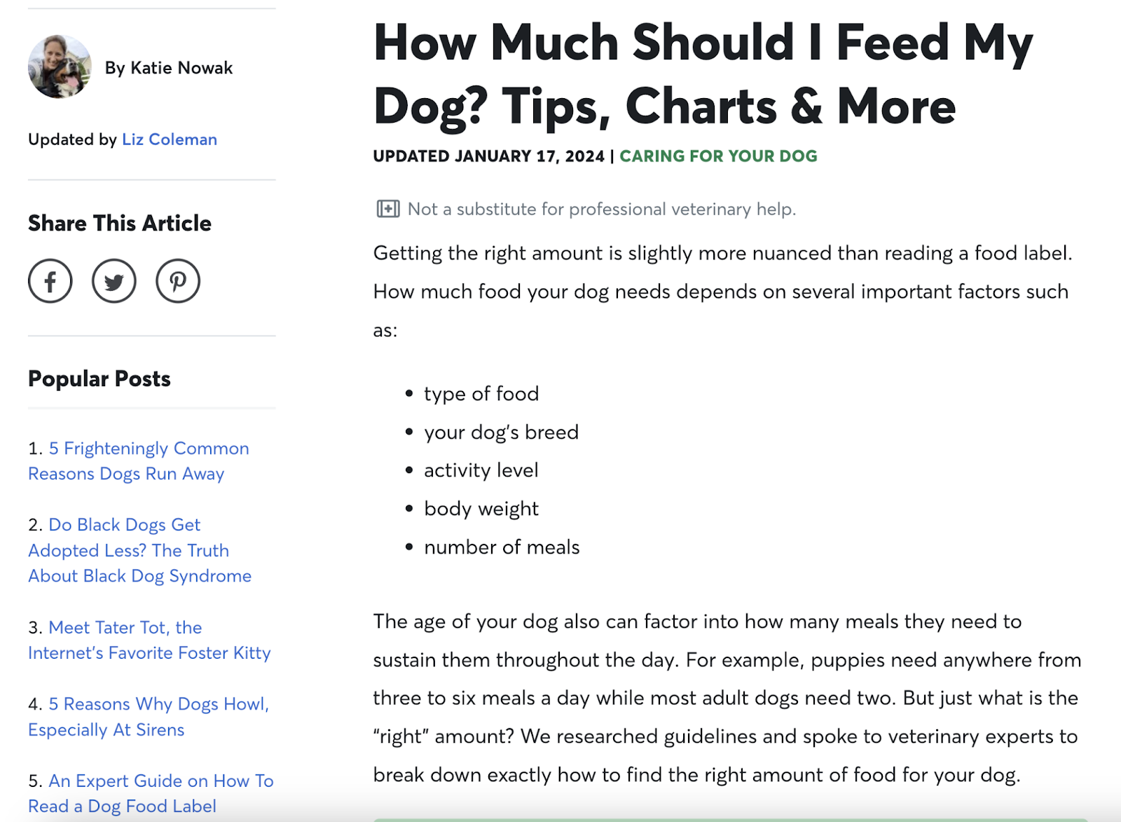 Page de destination du guide d'alimentation pour chiens de Rover